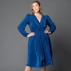 Kiyonna Sophie Teal Wrap Dress 2X Ribbed Velvet‎ Long Sleeve Cocktail
